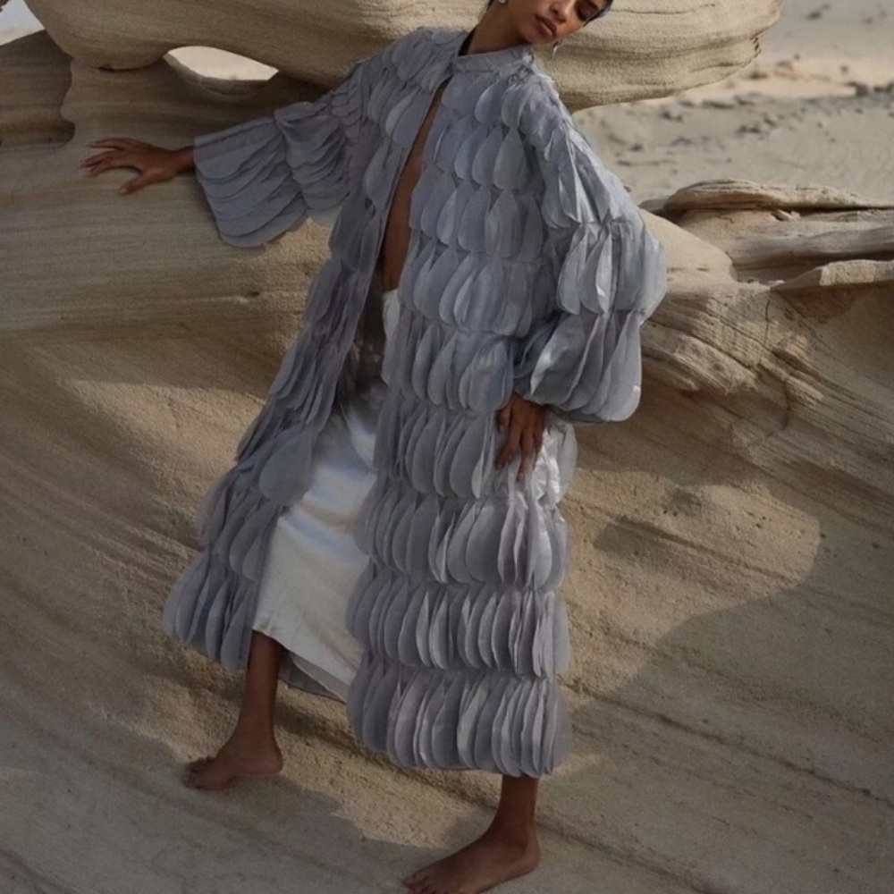 Zara Light Gray Layered Petal-Detail Long Coat - Picture 9 of 14